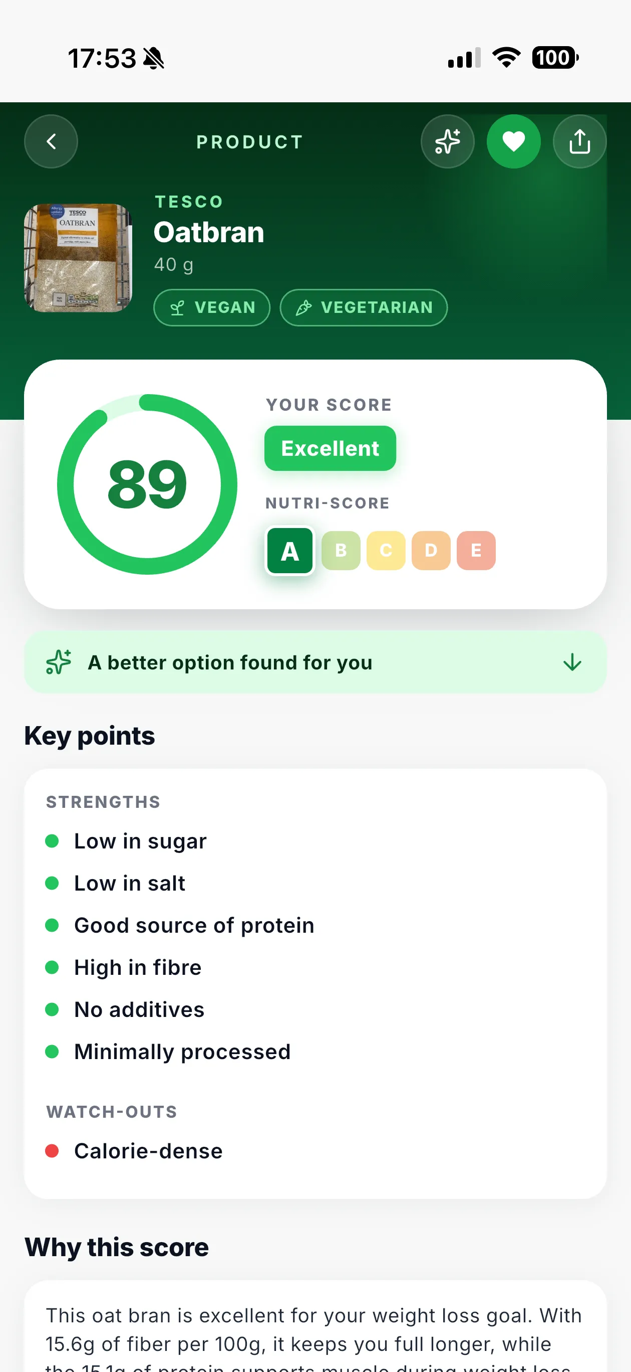 Crispl product screen showing a personalized nutrition score with strengths and watch-outs