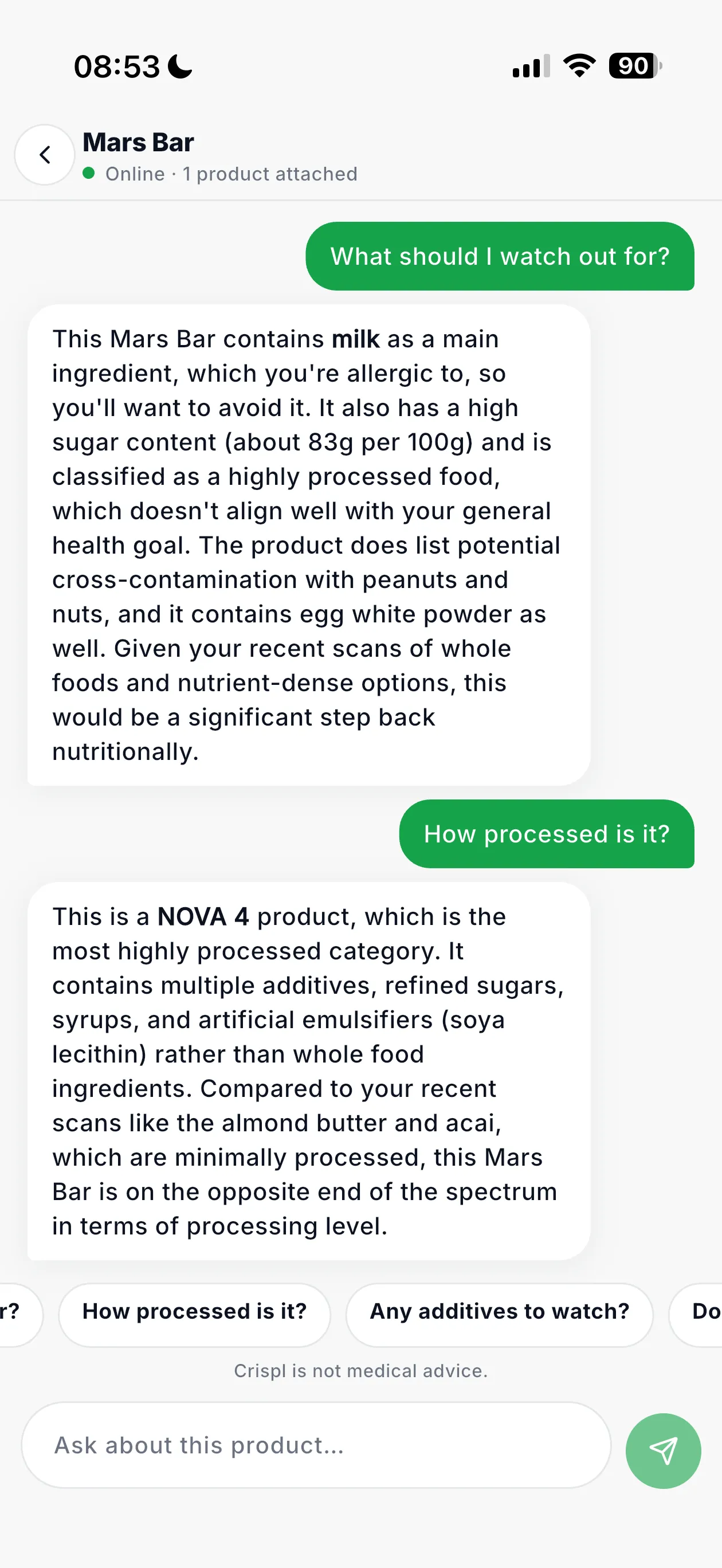 Crispl AI chat answering questions about a scanned product