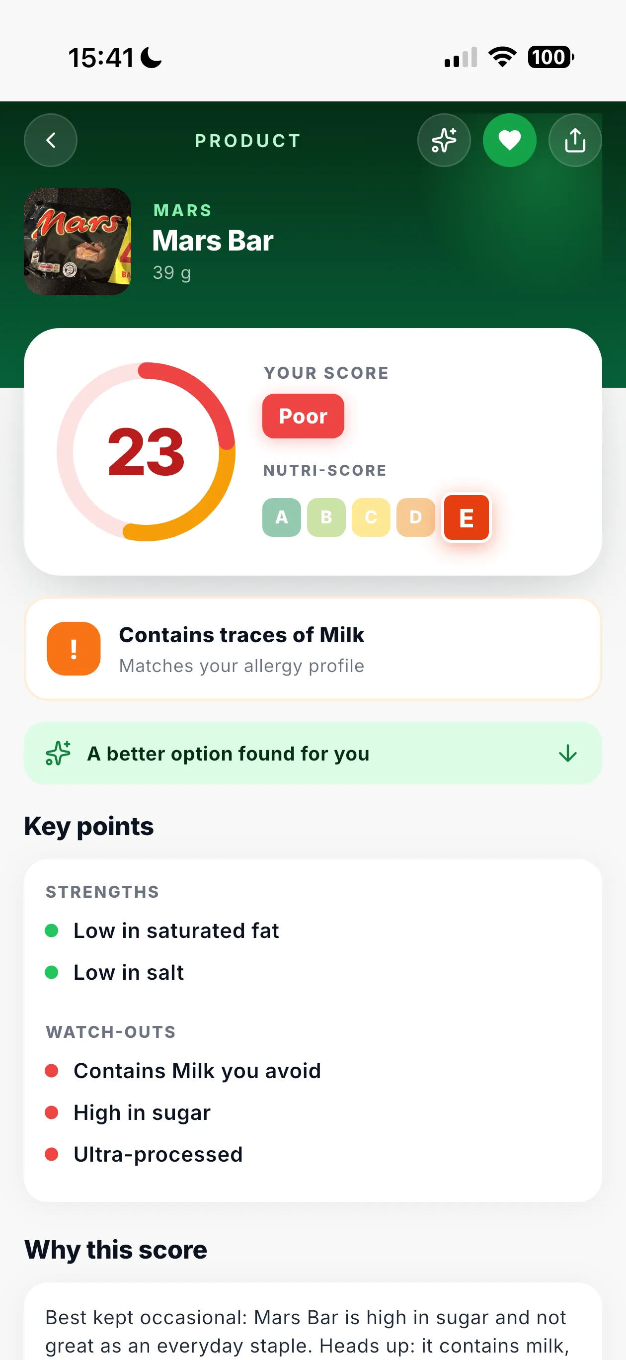 Crispl product screen with score, Nutri-Score badge and a personal allergen alert