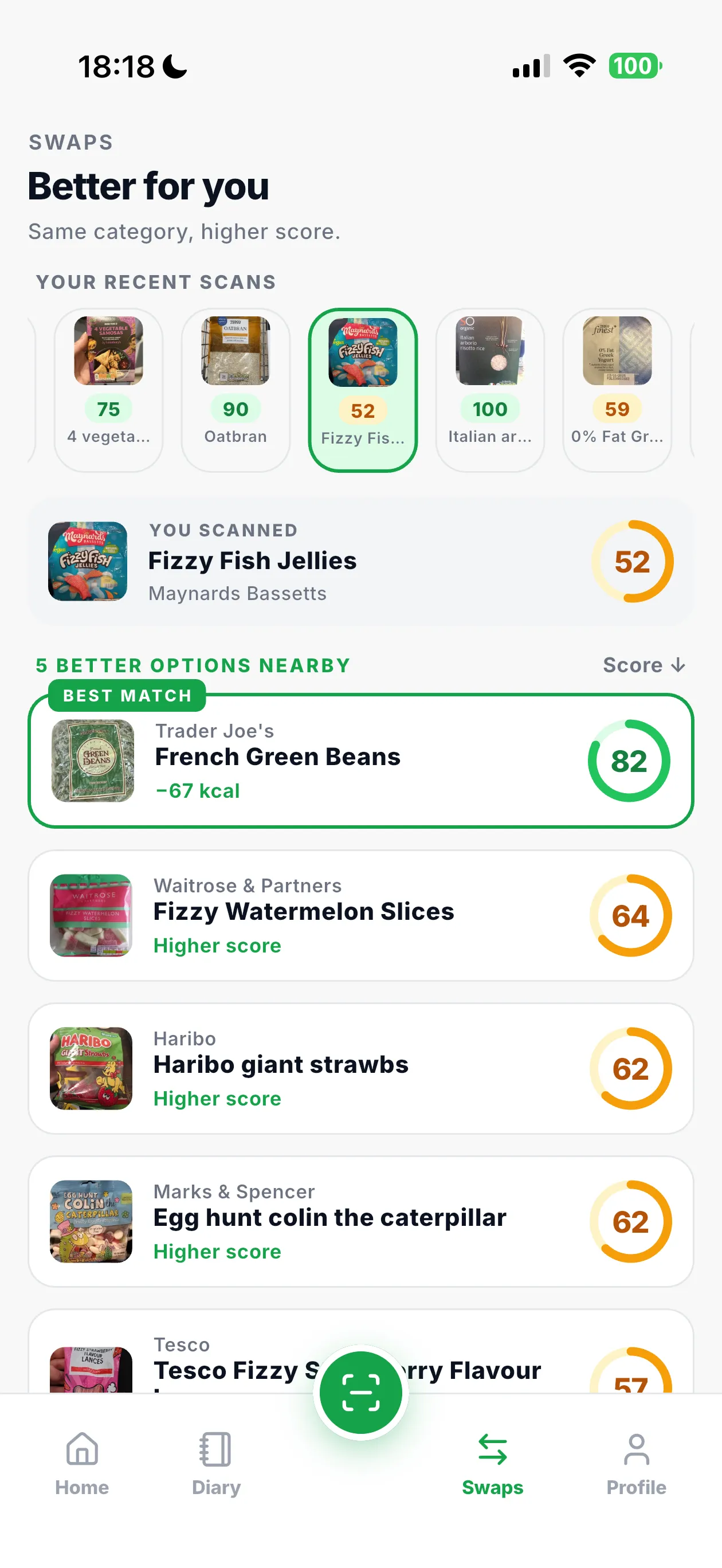 Crispl Swaps screen listing higher-scoring alternatives to a scanned product
